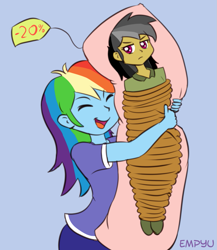 Size: 867x1000 | Tagged: safe, artist:empyu, derpibooru import, daring do, rainbow dash, equestria girls, 30 minute art challenge, blue background, body pillow, clothes, daring daki, discount, eyes closed, open mouth, ropes, signature, simple background