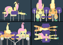 Size: 4092x2893 | Tagged: safe, artist:mcm21, applejack, fluttershy, earth pony, pegasus, pony, bondage, bondage furniture, fetish, front hoof tickling, hoof tickling, hooves, tickle fetish, tickle roller, tickle torture, tickling, tickling machine, underhoof