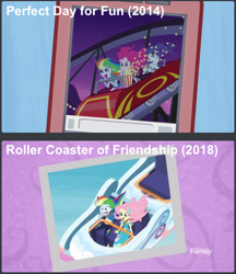 Size: 406x469 | Tagged: safe, derpibooru import, screencap, fluttershy, pinkie pie, rainbow dash, rarity, better together, equestria girls, perfect day for fun, rollercoaster of friendship, comparison, discovery family logo, faic, roller coaster