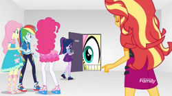 Size: 1283x721 | Tagged: safe, derpibooru import, edit, edited screencap, screencap, fluttershy, pinkie pie, rainbow dash, sci-twi, sunset shimmer, twilight sparkle, better together, equestria girls, inspiration manifestation, rollercoaster of friendship, bird house, converse, discovery family logo, eye, geode of super speed, macro/micro, magical geodes, micro, self ponidox, shoes