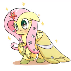 Size: 1300x1300 | Tagged: safe, artist:joycall6, fluttershy, pegasus, pony, blushing, clothes, dress, flower, gala dress, solo