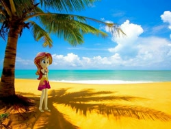 Size: 1280x960 | Tagged: safe, artist:creatorofpony, artist:efk-san, edit, sunset shimmer, better together, equestria girls, forgotten friendship, 3d, beach, blender, clothes, cute, ocean, palm tree, sandals, sarong, shimmerbetes, skirt, tree