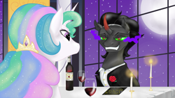 Size: 1280x723 | Tagged: safe, artist:emberdim, king sombra, princess celestia, alicorn, pony, unicorn, celestibra, date, female, male, shipping, straight