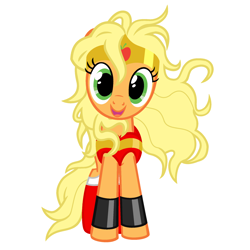 Size: 2160x2160 | Tagged: safe, artist:beavernator, applejack, earth pony, pony, blonde, clothes, costume, hatless, hugpony poses, looking at you, missing accessory, simple background, solo, windswept mane, wonder woman, wonderjack