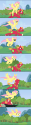 Size: 2500x9884 | Tagged: safe, artist:anarchemitis, big macintosh, fluttershy, earth pony, pegasus, pony, boop, comic, cute, eye contact, fluttermac, galloping, gliding, log, looking back, male, noseboop, nuzzling, ponies riding ponies, riding, running, shipping, smiling, stallion, straight, wide eyes