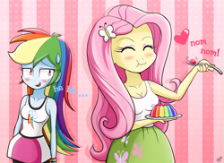 Size: 1651x1200 | Tagged: safe, artist:riouku, derpibooru import, fluttershy, rainbow dash, equestria girls, blushing, cleavage, clothes, eating, eyes closed, female, flutterdash, jelly, lesbian, nom, shipping, skirt, tanktop, wristband