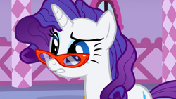 Size: 1366x768 | Tagged: safe, screencap, rarity, pony, unicorn, suited for success, female, horn, mare, purple mane, solo, white coat