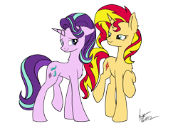 Size: 2646x1983 | Tagged: safe, artist:icey-wicey-1517, artist:nightpaint12, color edit, edit, starlight glimmer, sunset shimmer, pony, unicorn, collaboration, chest fluff, colored, ear fluff, female, flirting, heart, lesbian, mare, raised hoof, shimmerglimmer, shipping, signature, simple background, transparent background