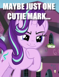 Size: 521x685 | Tagged: safe, edit, edited screencap, screencap, starlight glimmer, pony, unicorn, the crystalling, cropped, female, here we go again, hoof on chin, horn, image macro, lidded eyes, mare, meme, raised hoof, relapse, scheming, smiling, solo, standing, this will end in communism, this will end in equalization, this will not end well