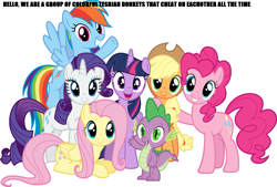 Size: 1087x734 | Tagged: safe, derpibooru import, applejack, fluttershy, pinkie pie, rainbow dash, rarity, spike, twilight sparkle, twilight sparkle (alicorn), alicorn, dragon, earth pony, pegasus, pony, unicorn, female, lesbian, looking at you, mane seven, mane six, mouthpiece, omniship, op is a cuck, shipping, simple background, white background