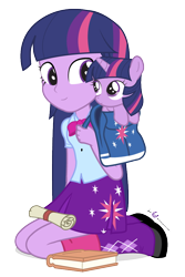 Size: 600x900 | Tagged: safe, artist:dm29, derpibooru import, twilight sparkle, equestria girls, backpack, book, cute, duality, duo, filly, hnnng, human ponidox, kneeling, leaning, pony pet, scroll, simple background, smiling, square crossover, transparent background, twiabetes