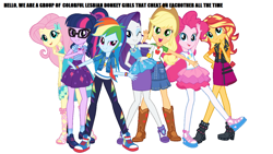 Size: 1280x720 | Tagged: safe, derpibooru import, applejack, fluttershy, pinkie pie, rainbow dash, rarity, sci-twi, sunset shimmer, twilight sparkle, better together, equestria girls, converse, female, geode of empathy, geode of shielding, geode of sugar bombs, geode of super strength, geode of telekinesis, humane five, humane seven, humane six, lesbian, looking at you, magical geodes, mane six, mouthpiece, omniship, op is a cuck, op is trying to start shit, shipping, shoes