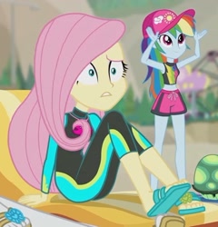 Size: 2019x2100 | Tagged: safe, derpibooru import, screencap, fluttershy, rainbow dash, tank, aww... baby turtles, better together, equestria girls, clothes, cropped, feet, flip-flops, geode of fauna, geode of super speed, magical geodes, sandals, swimsuit, wetsuit