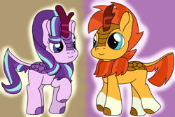 Size: 2700x1800 | Tagged: safe, artist:artistathefilly, starlight glimmer, sunburst, kirin, sounds of silence, female, kirin starlight, kirin sunburst, kirin-ified, looking at each other, male, socks (coat marking), species swap