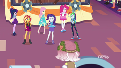 Size: 1280x720 | Tagged: safe, derpibooru import, screencap, desert sage, fluttershy, mile hill, pinkie pie, rainbow dash, rarity, sci-twi, sunset shimmer, twilight sparkle, vignette valencia, equestria girls, equestria girls series, rollercoaster of friendship, converse, discovery family logo, feet, geode of empathy, geode of fauna, geode of shielding, geode of sugar bombs, geode of super speed, geode of telekinesis, ink jet, magical geodes, sandals, shoes, waldo whereabout