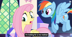 Size: 1600x829 | Tagged: safe, derpibooru import, screencap, fluttershy, rainbow dash, pegasus, pony, season 5, the cutie map, meme, youtube caption