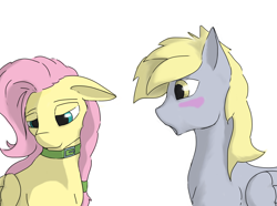 Size: 2000x1484 | Tagged: safe, artist:hrom, derpy hooves, fluttershy, pegasus, pony, collar, derpyshy, female, lesbian, mare, shipping, simple background