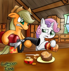 Size: 880x907 | Tagged: safe, artist:conicer, artist:jabbie64, derpibooru exclusive, applejack, sweetie belle, earth pony, pony, applesauce, colored pupils, fire extinguisher, food, peanut butter, scared, table, this will end in fire
