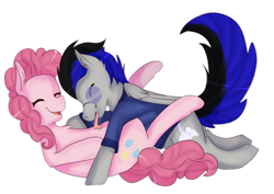 Size: 1024x723 | Tagged: safe, artist:oddends, pinkie pie, oc, earth pony, pony, belly button, canon x oc, clothes, cute, eyes closed, female, fluffy, glasses, laughing, legs in air, licking, male, mare, navel play, on back, open mouth, shipping, shirt, simple background, smiling, straight, tongue out, transparent background