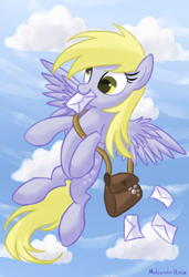 Size: 640x936 | Tagged: safe, artist:molochko-persik, derpy hooves, pegasus, pony, female, letter, mailbag, mailmare, mare, mouth hold, solo