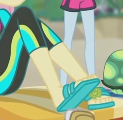 Size: 2100x2057 | Tagged: safe, derpibooru import, screencap, fluttershy, rainbow dash, tank, aww... baby turtles, equestria girls, equestria girls series, clothes, cropped, feet, flip-flops, legs, pictures of legs, sandals, swimsuit, wetsuit