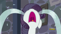 Size: 1355x761 | Tagged: safe, screencap, rarity, pony, unicorn, the cutie map, crying, female, indoctrination hut, mare, marshmelodrama, nose in the air, ocular gushers, open mouth, solo, uvula, volumetric mouth