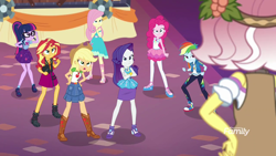 Size: 1280x720 | Tagged: safe, derpibooru import, screencap, applejack, fluttershy, pinkie pie, rainbow dash, rarity, sunset shimmer, twilight sparkle, vignette valencia, better together, equestria girls, rollercoaster of friendship, converse, discovery family logo, geode of empathy, geode of fauna, geode of shielding, geode of sugar bombs, geode of super speed, geode of super strength, geode of telekinesis, humane five, humane seven, humane six, magical geodes, shoes