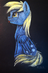 Size: 709x1080 | Tagged: safe, artist:ognevitsa, derpy hooves, pegasus, pony, female, mare, sitting, solo, tongue out, traditional art