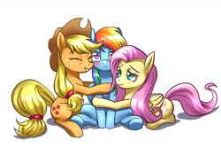 Size: 1300x866 | Tagged: safe, artist:nekoka shuuri-ya, derpibooru import, applejack, fluttershy, rainbow dash, earth pony, pegasus, pony, blushing, cute, daaaaaaaaaaaw, dashabetes, embarrassed, eyes closed, frown, grin, hug, looking at you, nuzzling, pixiv, prone, sitting, smiling, unamused, underhoof