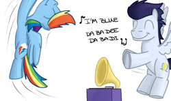 Size: 1280x759 | Tagged: safe, artist:hoofclid, derpibooru import, rainbow dash, soarin', pegasus, pony, dancing, eiffel 65, flying, i'm blue, phonograph, simple background, soarindash, white background