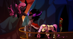 Size: 4107x2207 | Tagged: safe, artist:mylittlesheepy, fluttershy, king sombra, oc, oc:dark angel, oc:forest, pegasus, pony, unicorn, chained, curved horn, dark magic, leash, magic, slave, sombra empire, sombra eyes