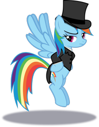 Size: 776x1000 | Tagged: safe, artist:phucknuckl, derpibooru import, rainbow dash, pegasus, pony, clothes, female, hat, simple background, solo, suit, top hat, transparent background, vector