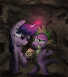 Size: 600x675 | Tagged: safe, artist:hewison, derpibooru import, spike, twilight sparkle, dragon, glowing horn, human skull, skull