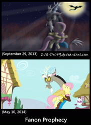 Size: 1280x1767 | Tagged: safe, artist:evil-dec0y, edit, edited screencap, screencap, discord, fluttershy, pegasus, pony, comparison, female, hub logo, male, mare, prediction, text