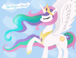 Size: 900x681 | Tagged: safe, artist:theotherdash, princess celestia, alicorn, pony, crown, female, horn, mare, multicolored mane, multicolored tail, solo, white coat, white wings, wings