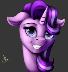 Size: 1800x1900 | Tagged: safe, artist:ac-whiteraven, starlight glimmer, pony, unicorn, bust, female, grin, looking at you, mare, signature, simple background, smiling, solo