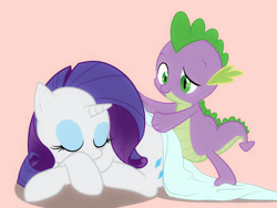 Size: 1600x1200 | Tagged: safe, artist:zigrock, rarity, spike, dragon, pony, unicorn, blanket, female, male, pixiv, shipping, simple background, sleeping, sparity, straight