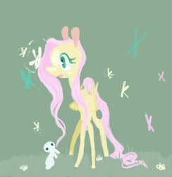 Size: 651x666 | Tagged: safe, artist:sugaryboogary, angel bunny, fluttershy, butterfly, pegasus, pony, folded wings, looking at something, solo, wings