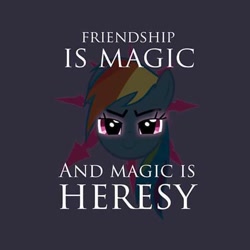 Size: 480x480 | Tagged: artist needed, source needed, safe, derpibooru import, rainbow dash, pegasus, pony, chaos, evil, evil grin, heresy, looking at you, meme, needs more jpeg, smiling, solo, title drop, warhammer (game), warhammer 40k