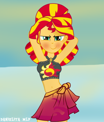 Size: 1024x1201 | Tagged: safe, artist:danielitamlp, sunset shimmer, better together, equestria girls, forgotten friendship, arm behind head, armpits, beach, belly button, bikini, blushing, breasts, clothes, cute, dancing, female, looking at you, midriff, sarong, skirt, solo, summer sunset, swimsuit