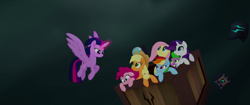 Size: 1920x804 | Tagged: safe, derpibooru import, screencap, applejack, fluttershy, pinkie pie, rainbow dash, rarity, spike, twilight sparkle, twilight sparkle (alicorn), alicorn, dragon, earth pony, pegasus, pony, unicorn, my little pony: the movie, female, flying, glowing horn, hot air balloon, mane seven, mane six, mare, spread wings, wings