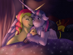 Size: 1200x900 | Tagged: safe, artist:anxiousshadowpetals, sunset shimmer, twilight sparkle, twilight sparkle (alicorn), oc, oc:dawn, alicorn, bed, crying, eyes closed, female, lesbian, magical lesbian spawn, newborn, offspring, parent:sunset shimmer, parent:twilight sparkle, parents:sunsetsparkle, shipping, sleeping, sunsetsparkle, tears of joy