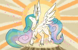 Size: 2550x1650 | Tagged: safe, artist:rainbow-smashed, princess celestia, alicorn, pony, eyes closed, raised hoof, solo, spread wings, sun, sunrise