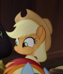Size: 204x237 | Tagged: safe, derpibooru import, screencap, applejack, rainbow dash, earth pony, pegasus, pony, my little pony: the movie, applejack's hat, cowboy hat, cropped, cute, female, hat, jackabetes, mare, picture for breezies, puffy cheeks, smiling