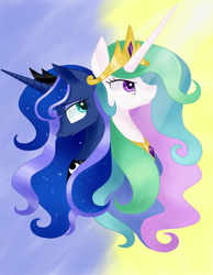 Size: 870x1120 | Tagged: safe, artist:justbrohoof, princess celestia, princess luna, alicorn, pony, crepuscular rays, crown, female, horn, jewelry, mare, regalia, siblings, sisters