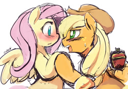 Size: 850x591 | Tagged: safe, artist:ende26, applejack, fluttershy, earth pony, pegasus, pony, 30 minute art challenge, apple, appleshy, blushing, female, lesbian, marriage proposal, shipping