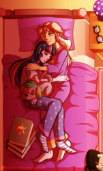 Size: 900x1490 | Tagged: safe, artist:inuhoshi-to-darkpen, sci-twi, spike, spike the regular dog, sunset shimmer, twilight sparkle, dog, equestria girls, bed, bedroom, clothes, female, glasses, lesbian, loose hair, pajamas, pillow, scitwishimmer, shipping, socks, striped socks, sunsetsparkle