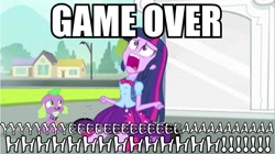 Size: 962x540 | Tagged: safe, derpibooru import, spike, twilight sparkle, dog, equestria girls, caption, dialogue, duo, exploitable meme, kneeling, open mouth, screaming, sega rally championship, spike the dog, twiscream