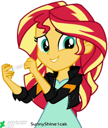 Size: 756x897 | Tagged: safe, editor:sunnyshine1cak, sunset shimmer, equestria girls, clothes, jacket, leather jacket, pregnancy test, simple background, solo, white background
