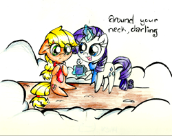 Size: 1024x811 | Tagged: safe, artist:zanykat0, applejack, rarity, earth pony, pony, unicorn, clothes, dialogue, magic, mug, scarf, traditional art